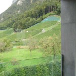 Všechna okna byla od počátku plánována tak, aby z nich byl krásný výhled. Pohled ze společenské galerie na vrcholky švýcarských alp a přilehlých vinic, nechybí jednoduché skleněné zábradlí z kaleného skla.