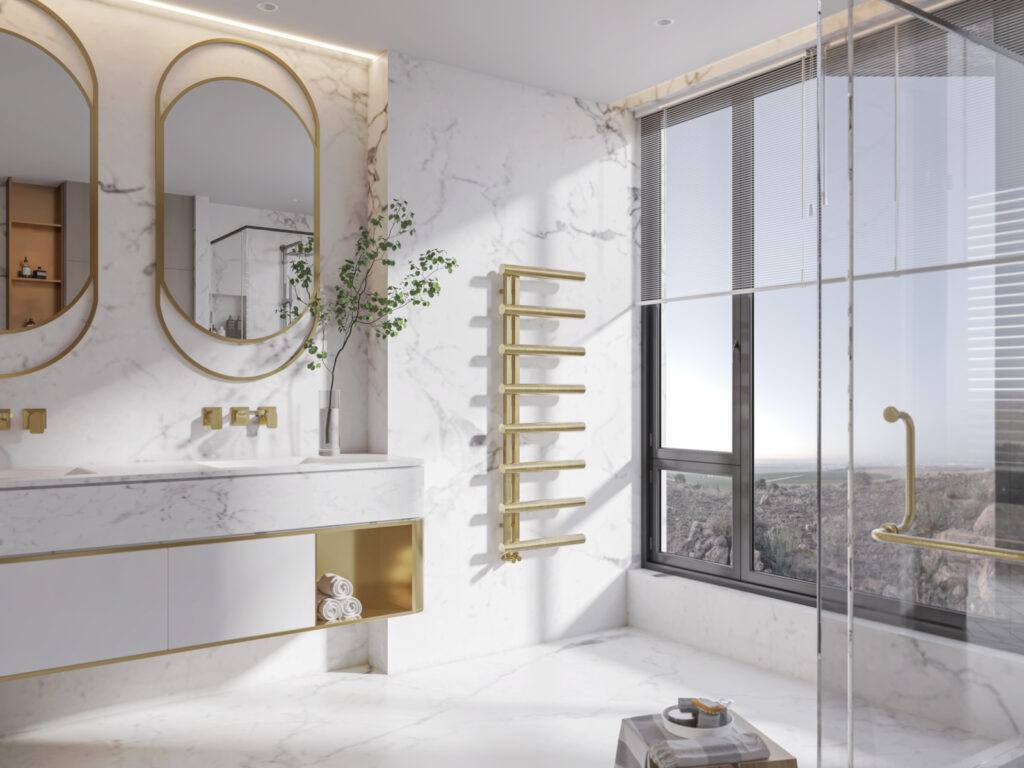 Zehnder_RAD_StudioCollection_Chime-140-50-HY-NoThermostate-BrushedBrass_Milieu_MarbleBathroom